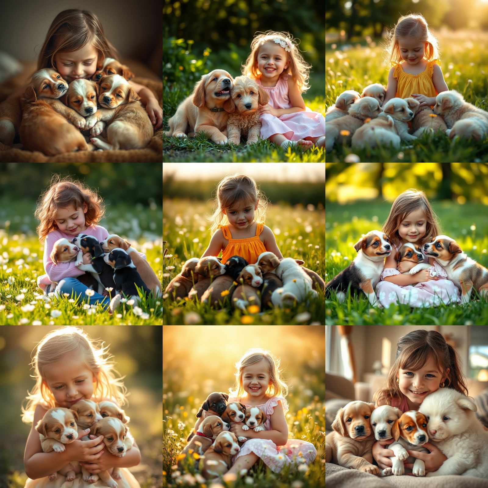 Heartwarming Portrait of Girl Cuddling Puppies