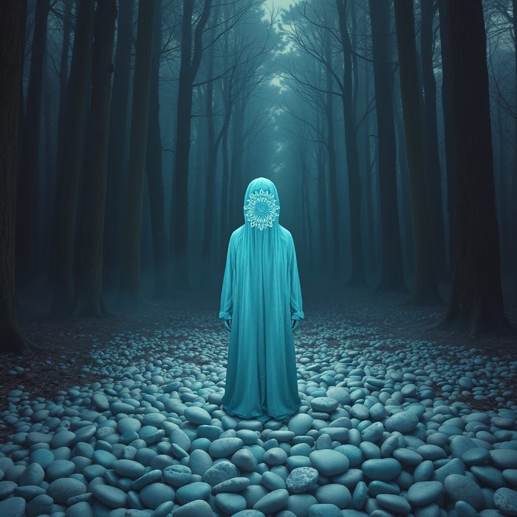 Surreal Figure Amidst Fractal Patterns and Ominous Forest