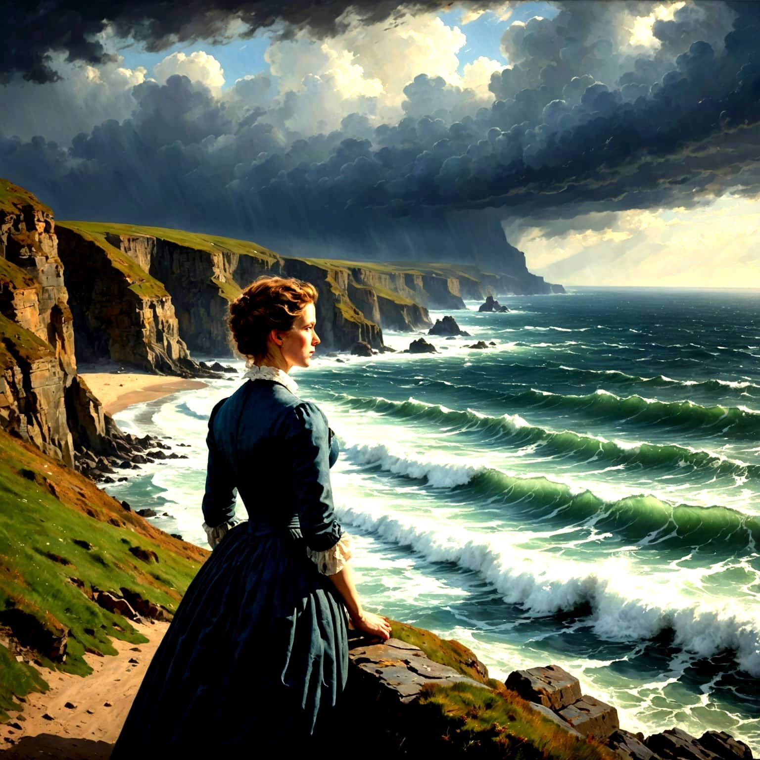 18th Century Woman on Windswept Coastline in Impressionistic...