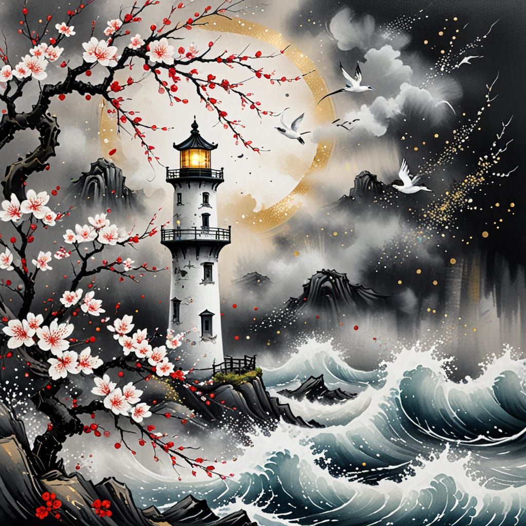 Lighthouse in Stormy Sea with Cherry Blossoms