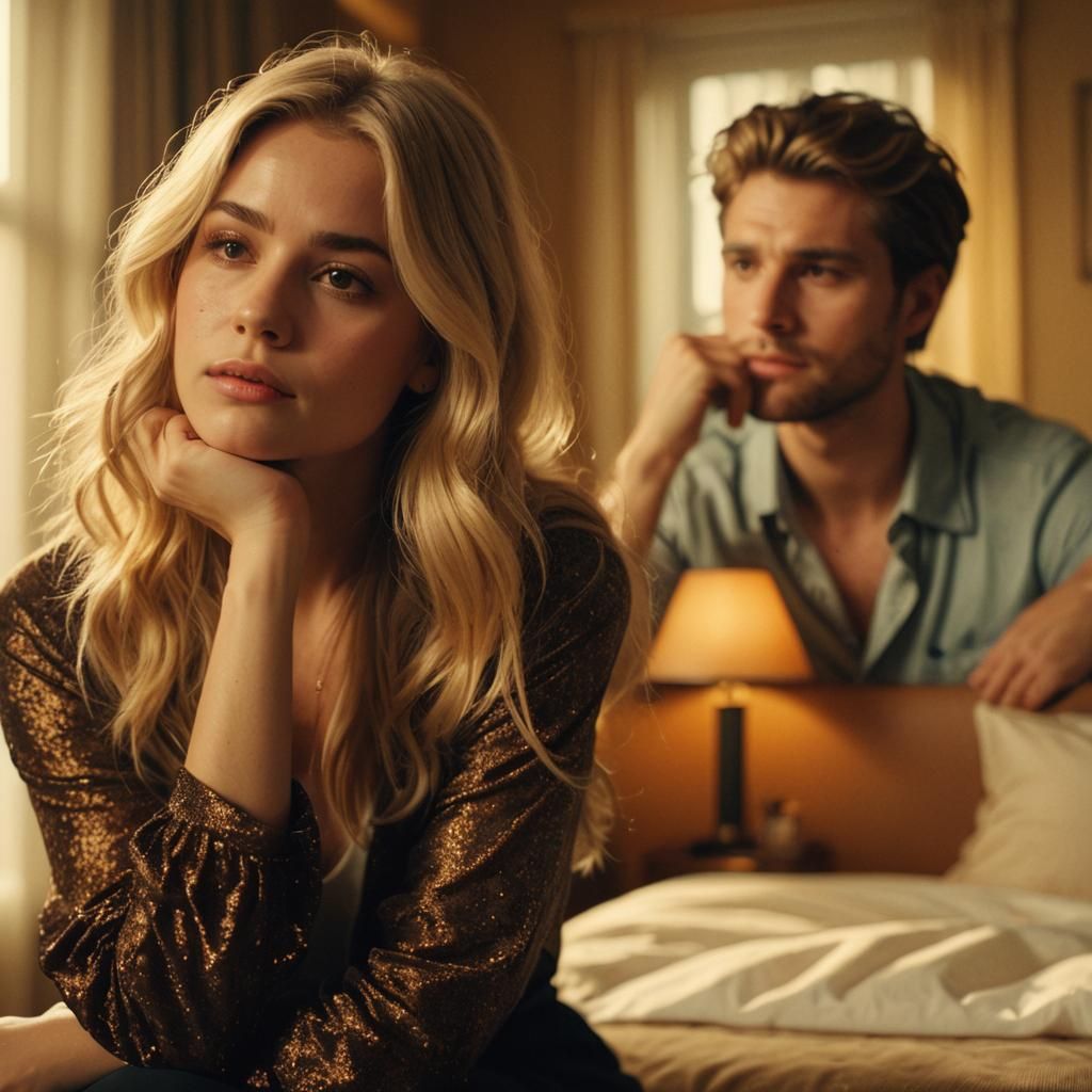 Melancholic Blonde Woman in Hotel Room