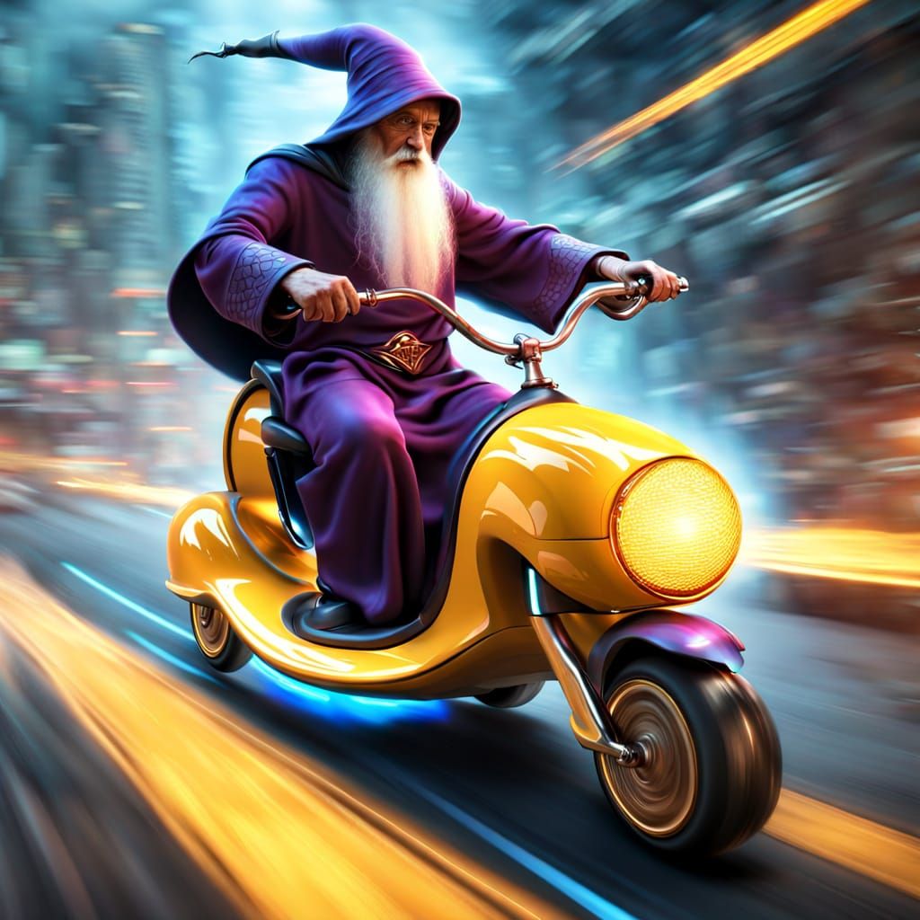 Wizard Riding Cyberpunk Hoverbike