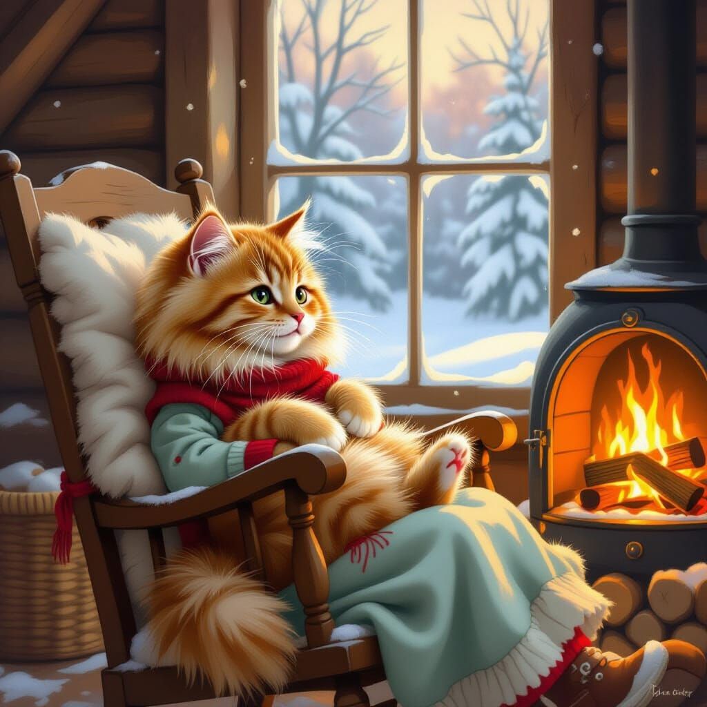 Ginger Cat on Girl's Lap by Warm Fireplace