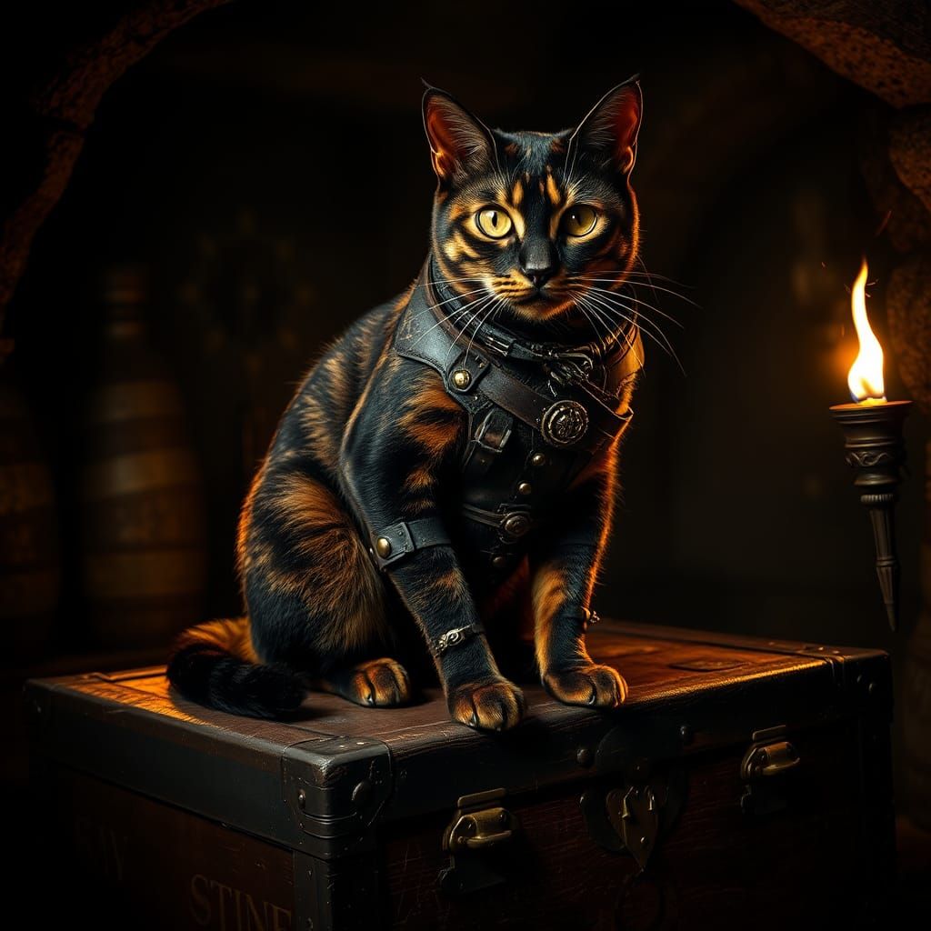Tortoiseshell Cat Rogue in Mystical Dungeon Lair