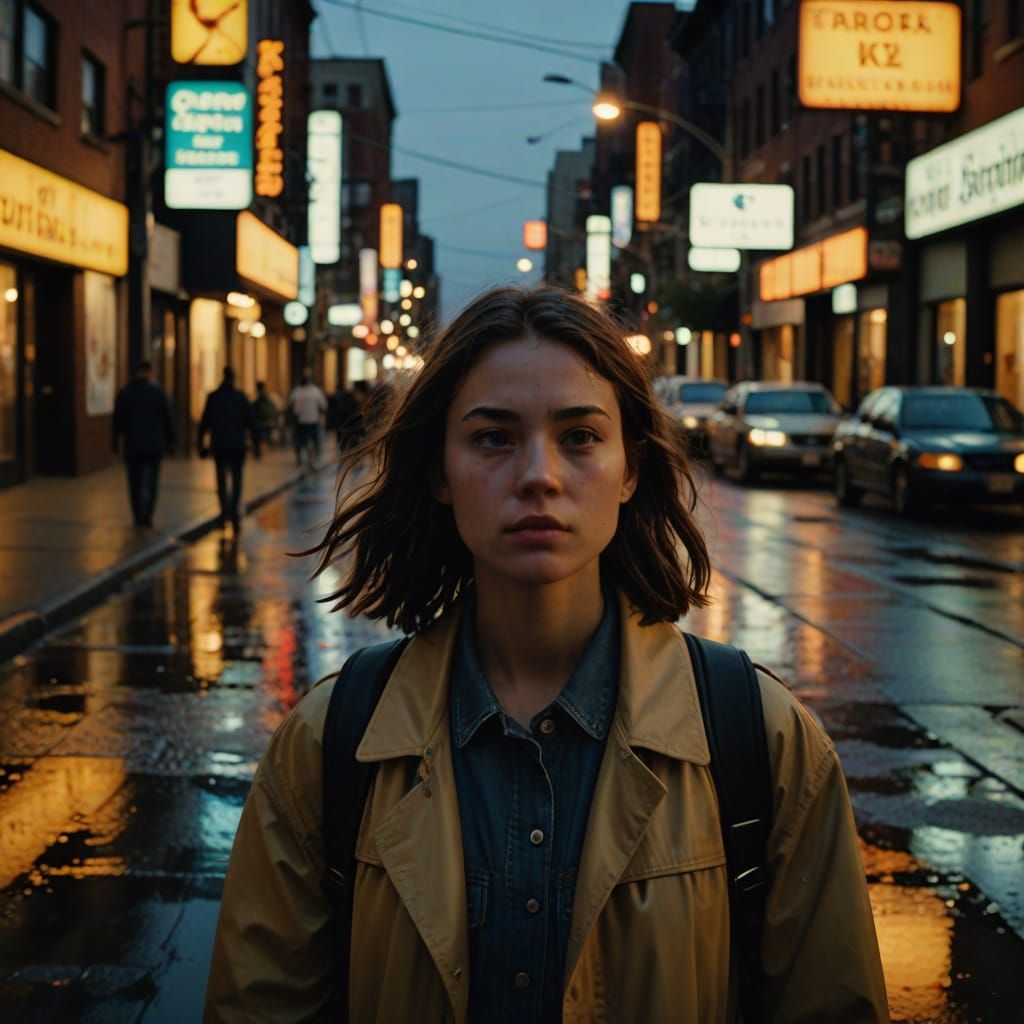 Elegant Woman Walks Under Golden Hour City Lights