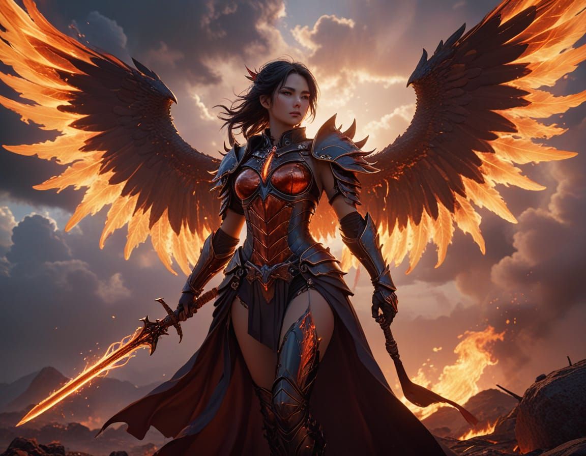 Ethereal Warrior Goddess Emerges from Hellish Flames