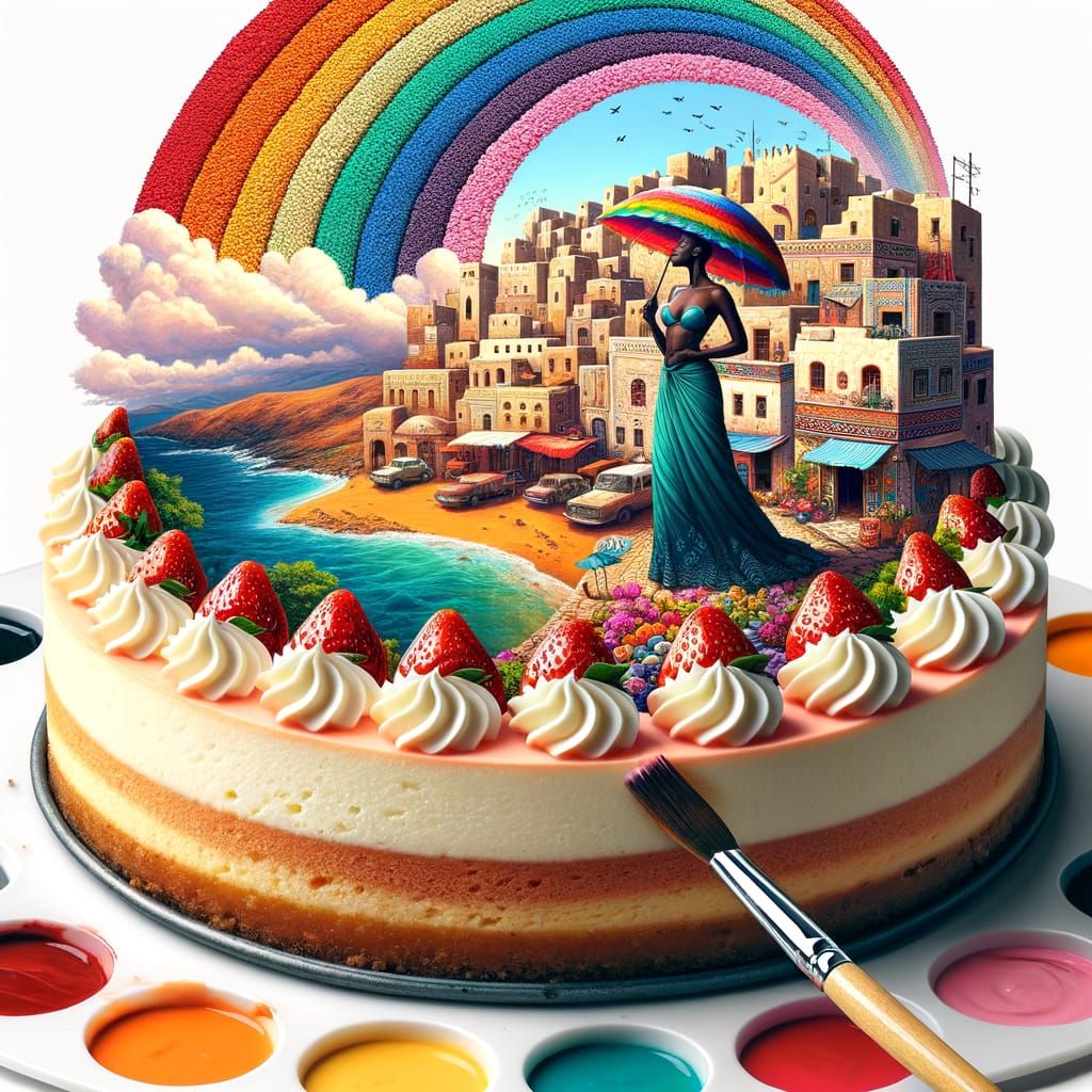 Middle-Eastern Village Inside Cheesecake with Rainbow