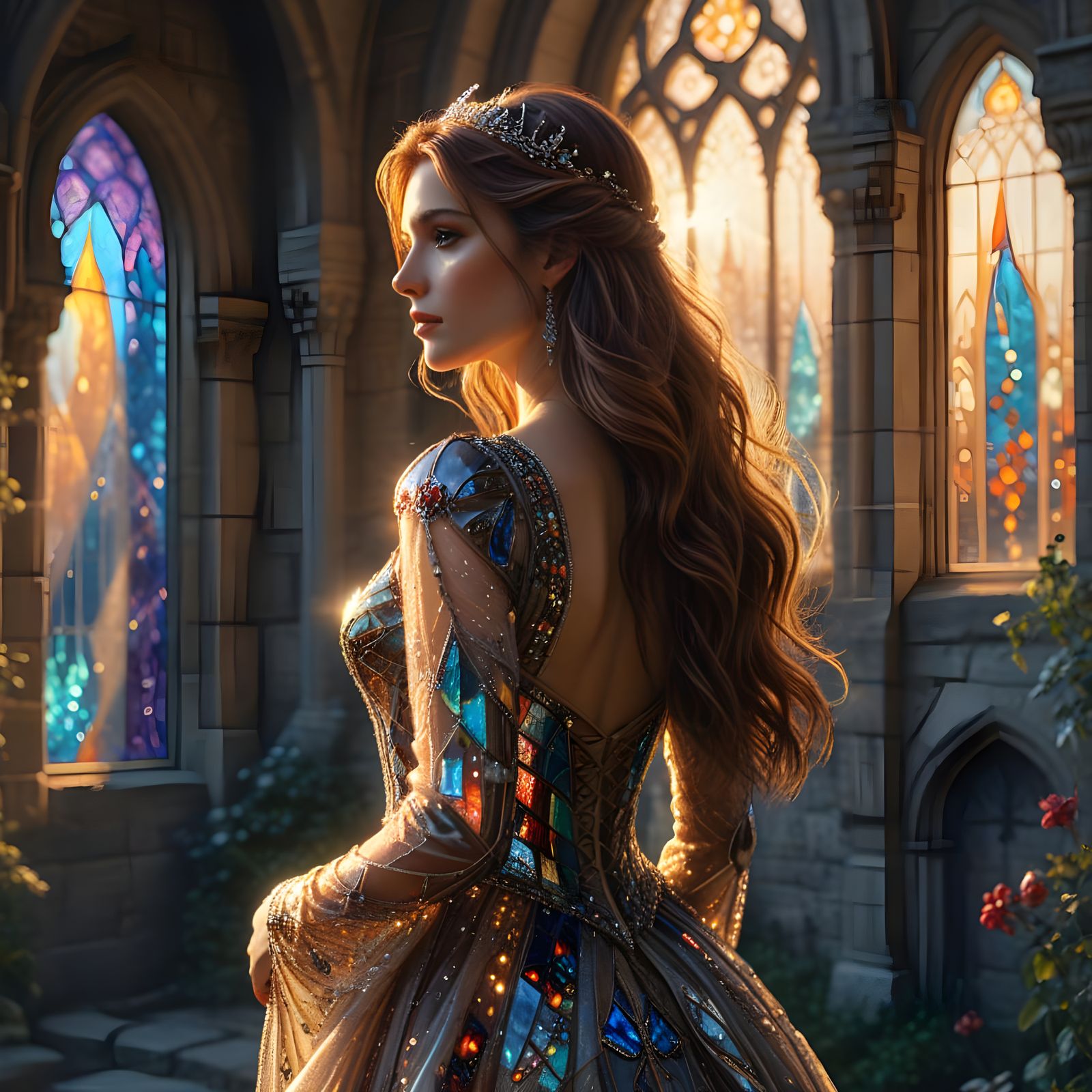 Woman in Sparkling Stained Glass Gown Before Castle