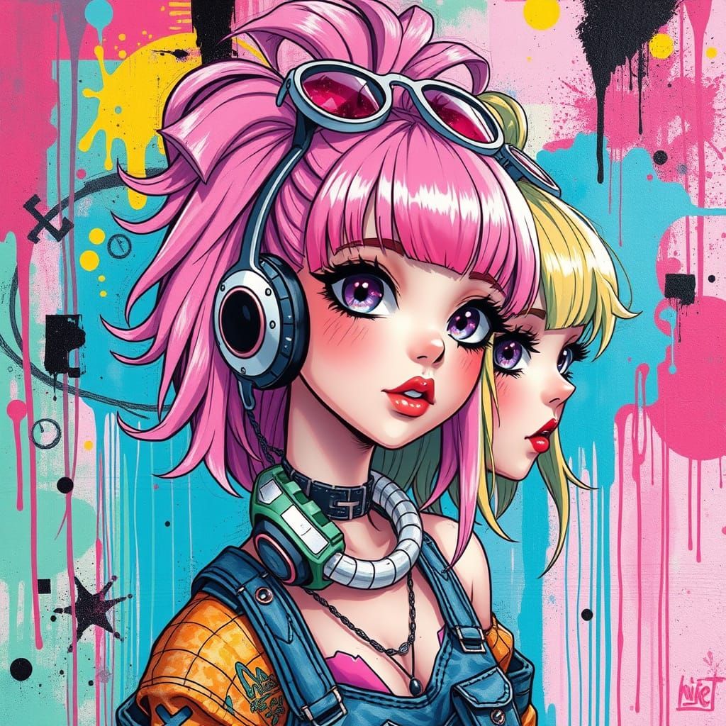 Vibrant 80s Anime Style Animation Girls in Kawaii Wonderland