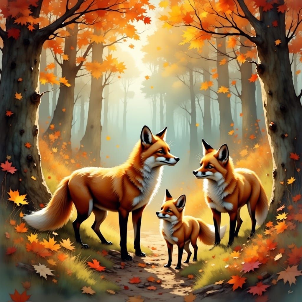 Fox Family Frolics in Autumn Forest: Fantasy Matte Painting
