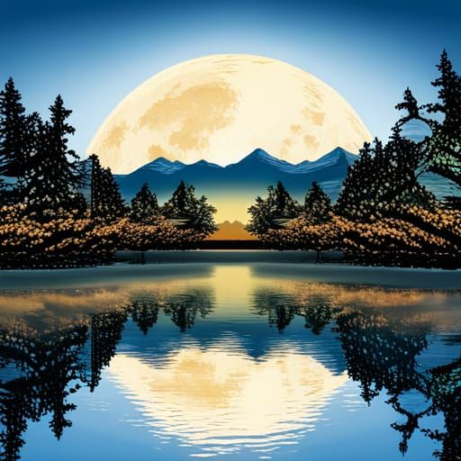 Moonlit Mountainscape Reflected in Water
