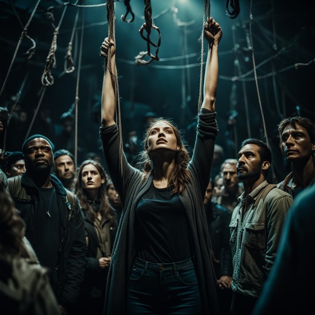 Woman Hanging by a Thread in Dark Cinematic Scene