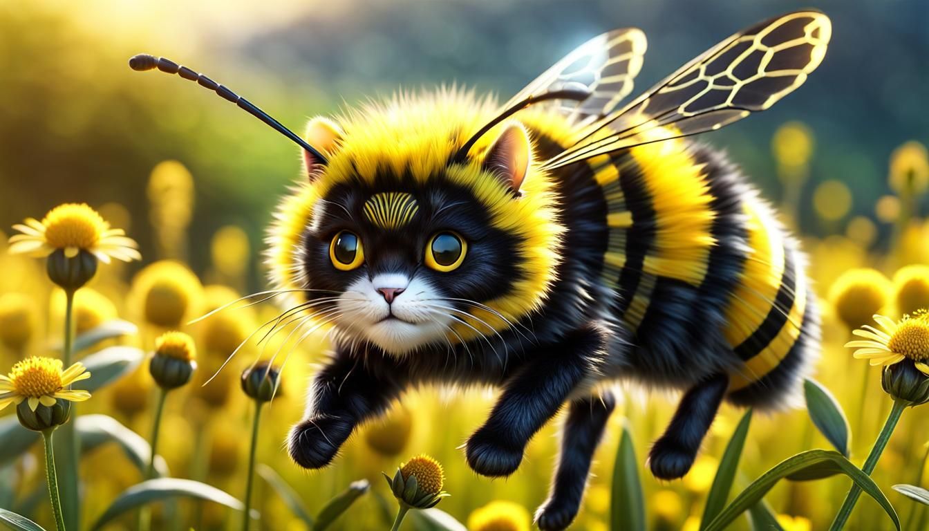 Fluffy Bee Cat in Flight: Hyper-Realistic 3D Art