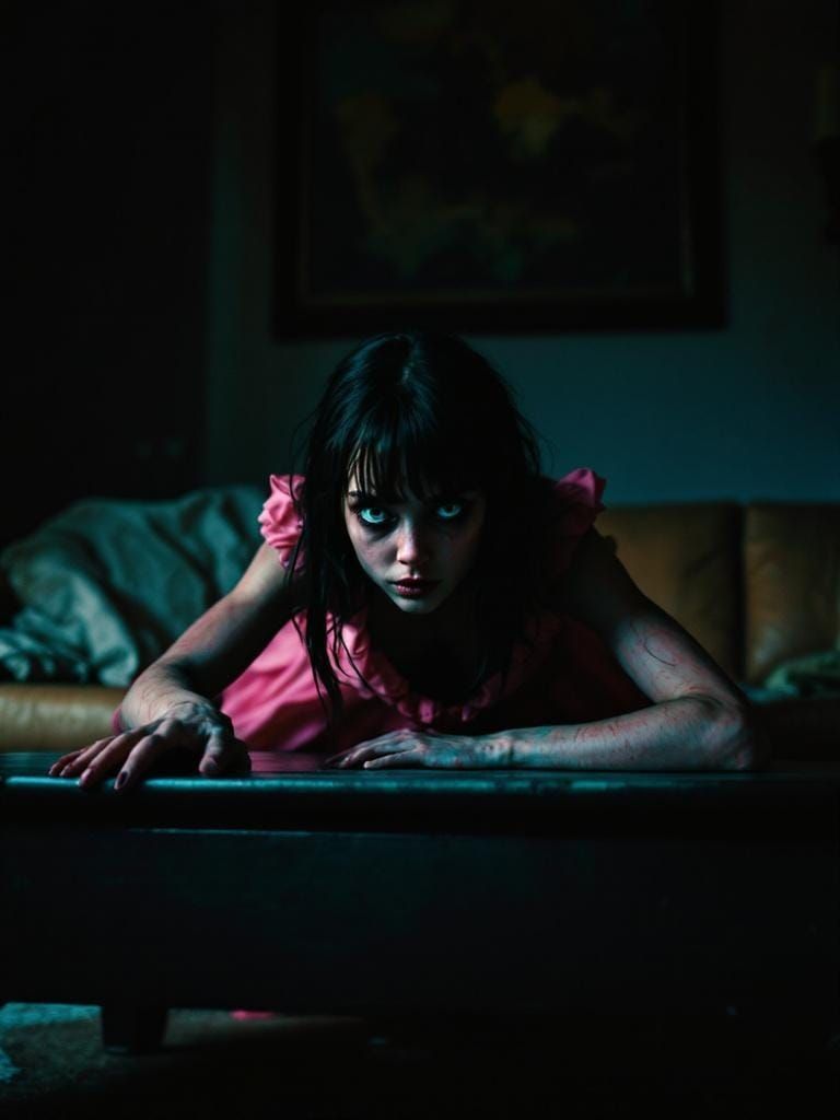 Unsettling Girl with Wide Eyes in Dimly Lit Room