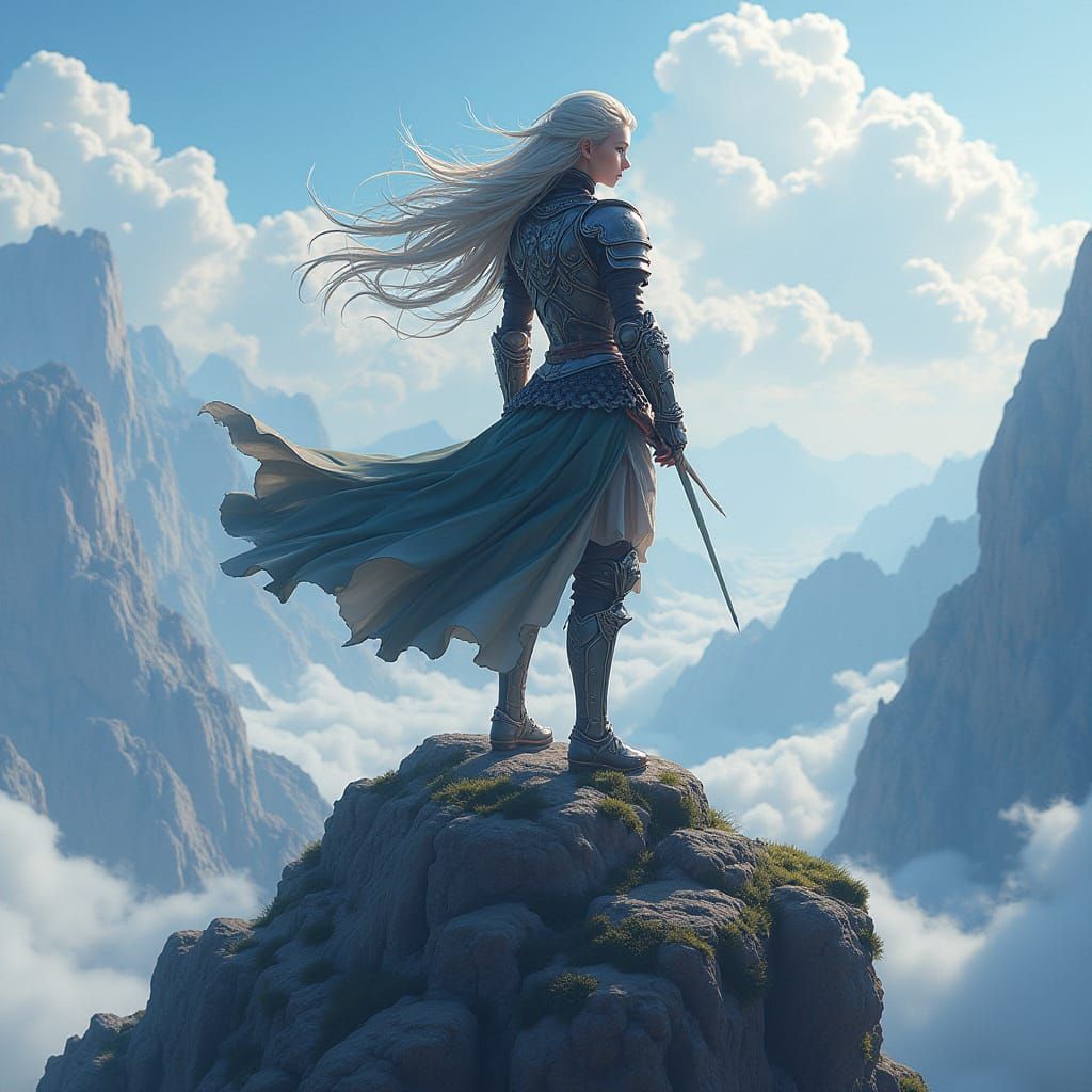 Anime Warrior on Mountain Peak Digital Art