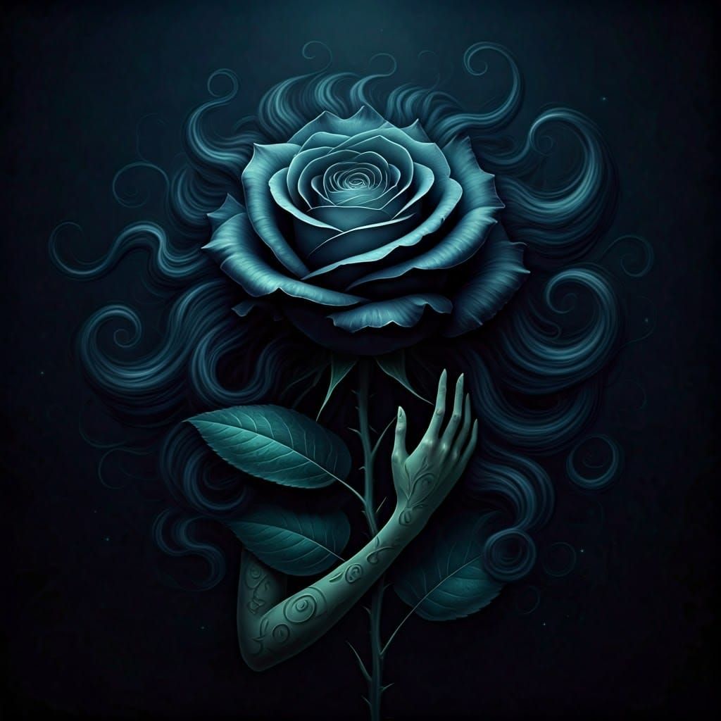 Ethereal Black Rose Blooms with Leaf Hands in Dark Mysticism