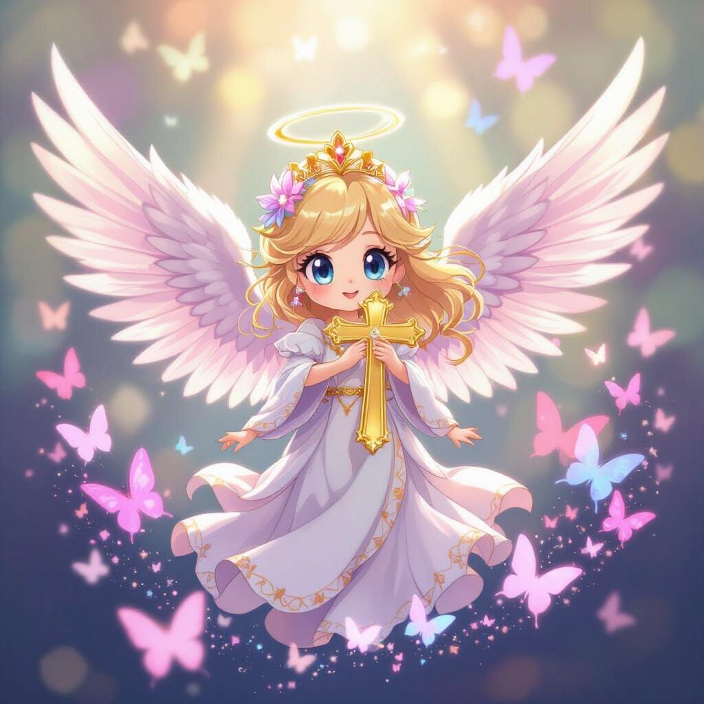 Angelic Kirby with Cross and Butterflies in Ghibli Style
