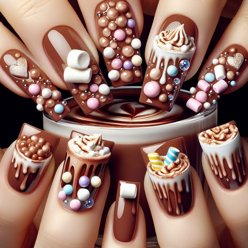realistic, detailed, accurate, close-up of nails painted, on each finger, to resemble cups of hot chocolate with whipped...