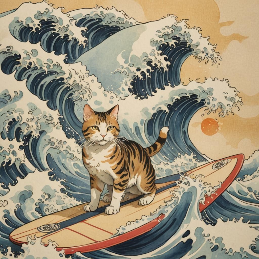 Cat Surfing Wave in Ukiyo-e Style