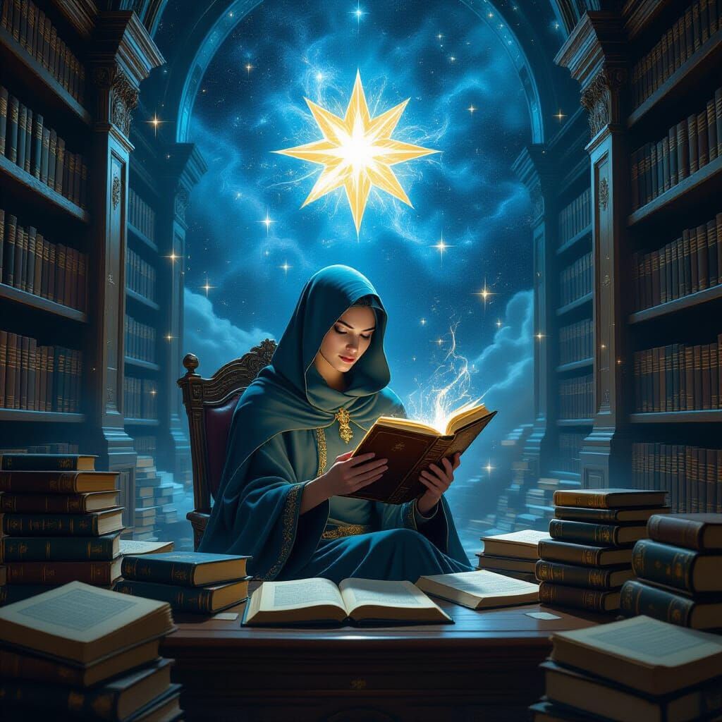 Celestial Librarian in Cosmic Library, Digital Art
