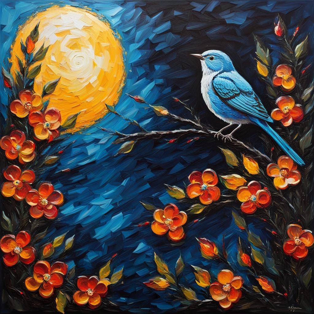 Nightingale in Full Moon: Impasto Palette Knife Painting