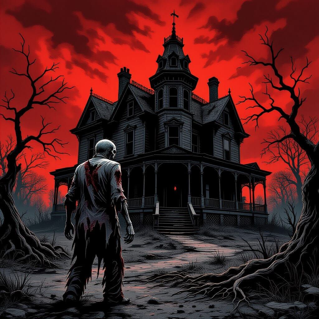 Zombie Before Haunted Mansion in Post-Apocalyptic Wasteland