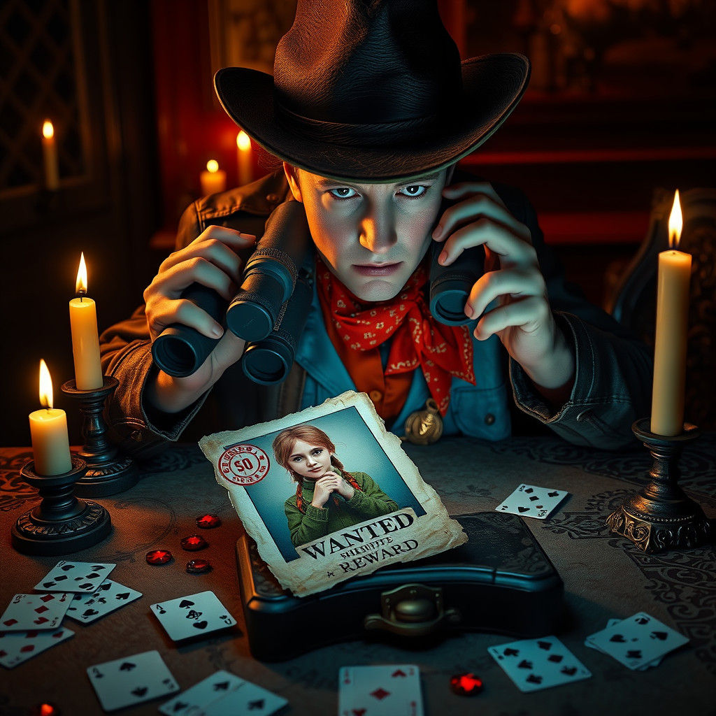 Man Studies Wanted Poster in Dreamlike Setting