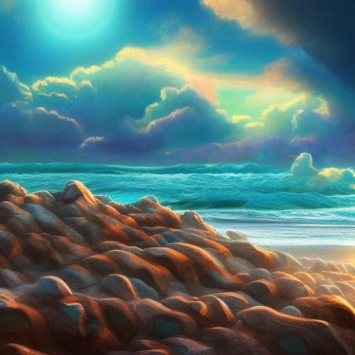 Gem Rocks on a Seashore with Cirrus Clouds