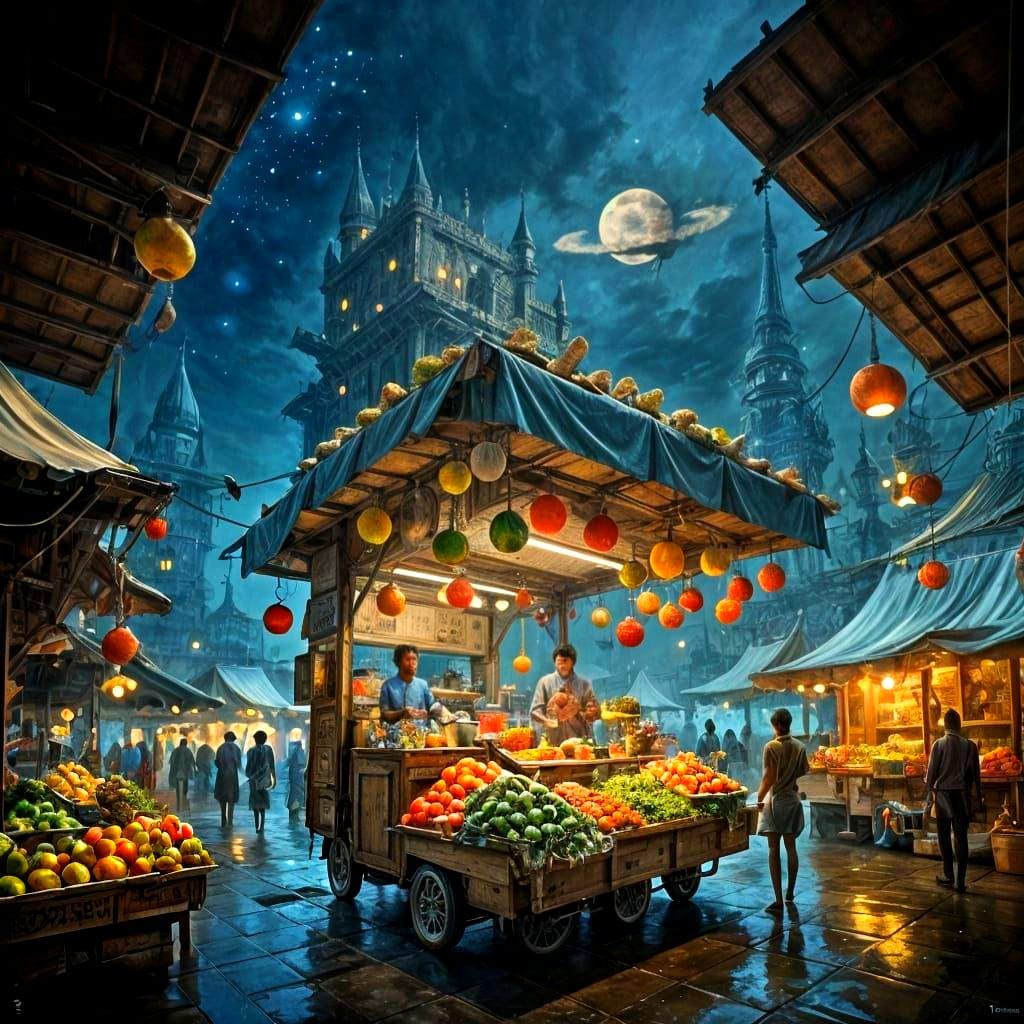 Afrofuturist Food Stall in Floating City at Night