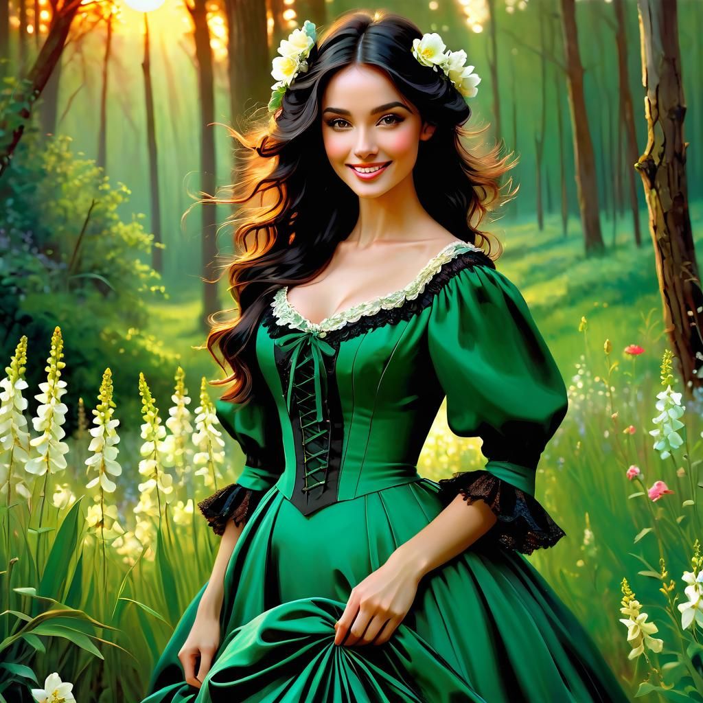 Victorian Girl in Green Dress in Romantic Style