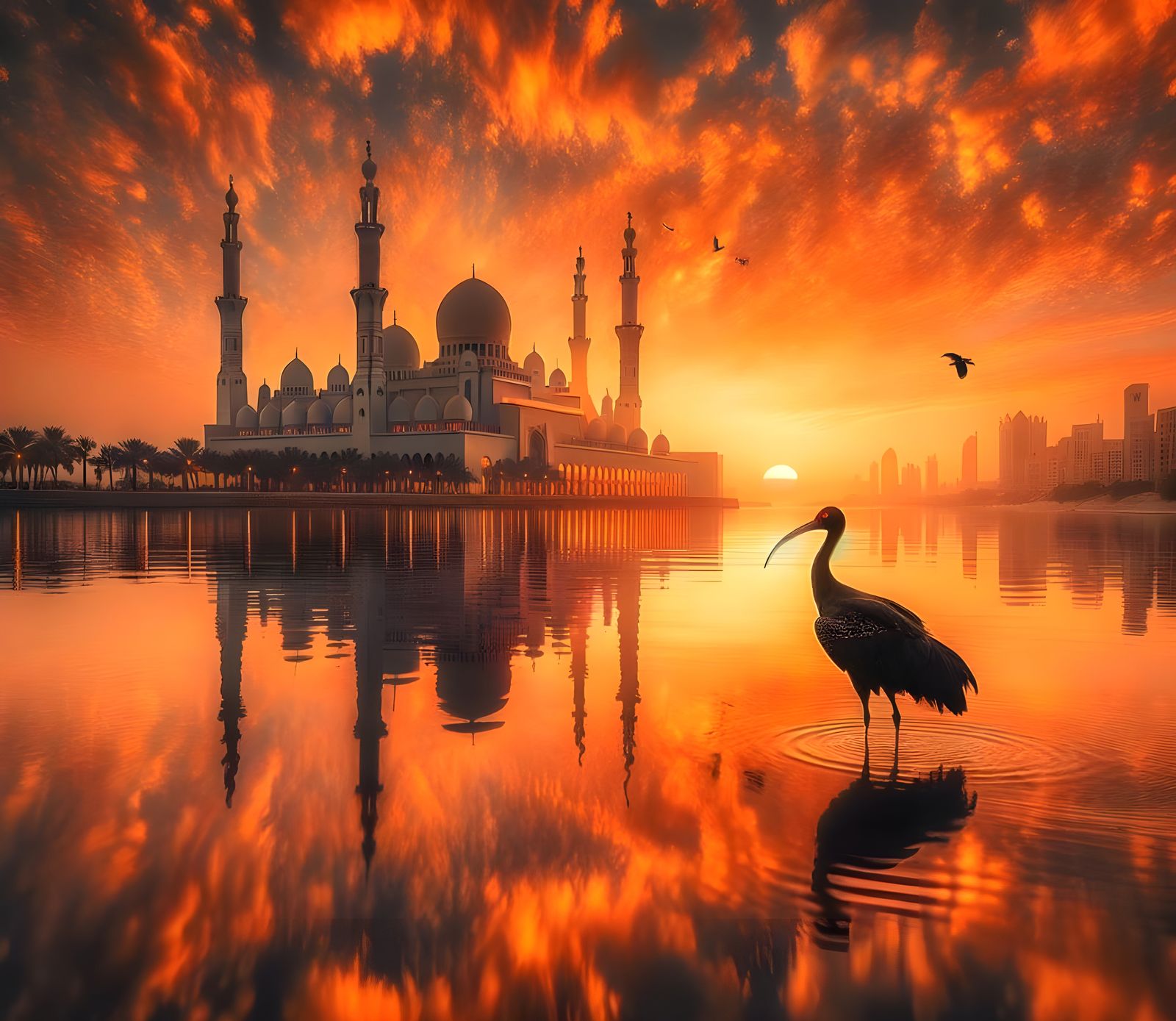 Arabian Sunset Ibis Silhouette Reflection