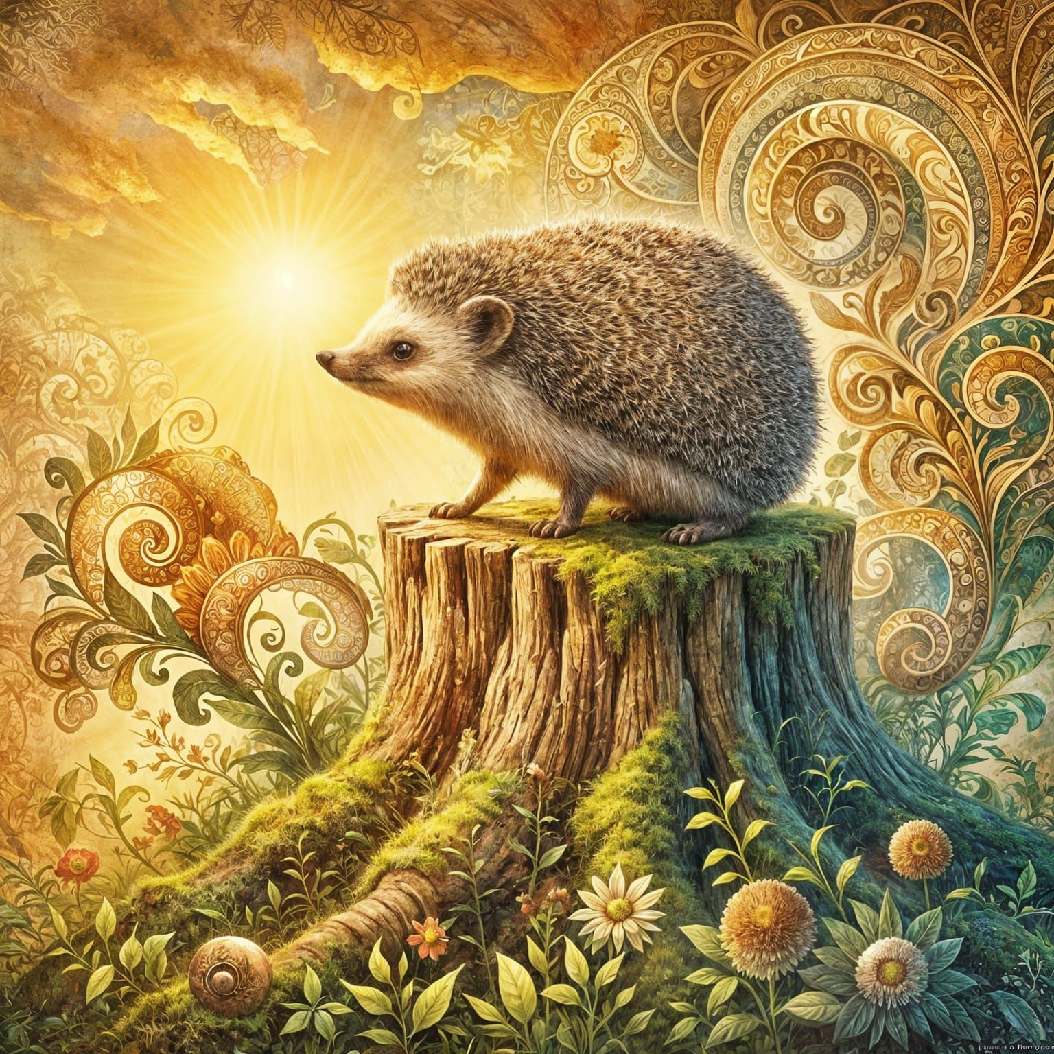 Majestic Hedgehog in Dreamlike Golden Age Setting