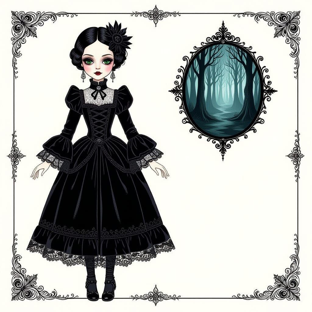 Gothic Fashion Doll in Mystical Forest, Dark Cinematic Style
