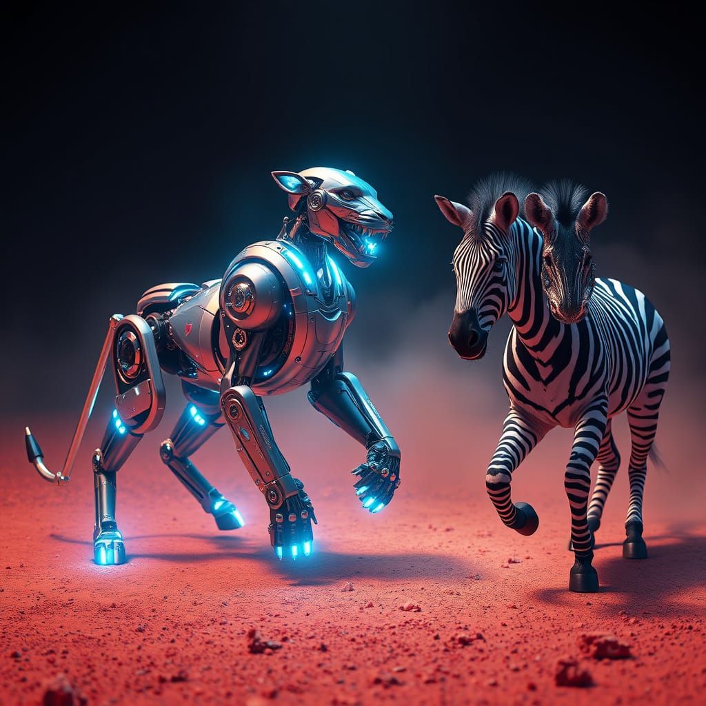 Cyberpunk Robot Lion Dances with Deadly Zebra in Neon Savann...