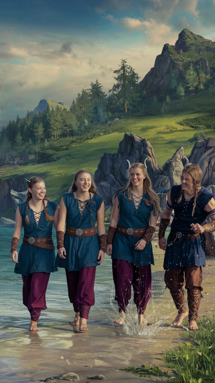 Viking Warriors Stroll on Beach with Joyful Bears