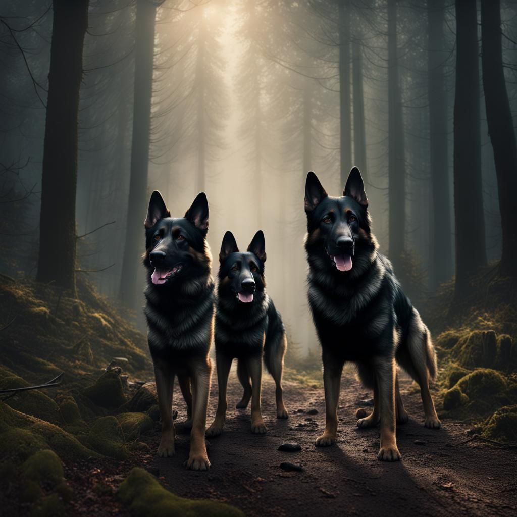 German Shepherds and Beagle Explore Woods
