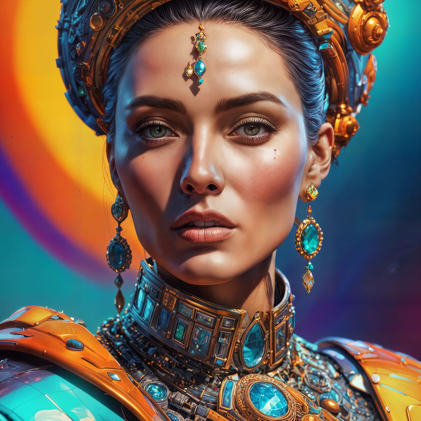 Hyperrealistic Woman in Colorful Futuristic Fashion