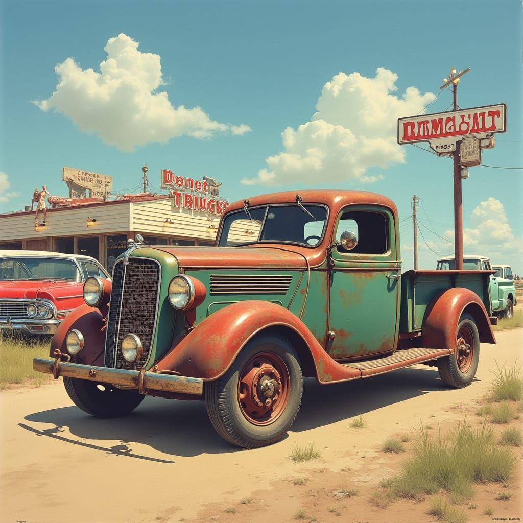 Classic Cars and Trucks at Roadside Diner, Americana Style