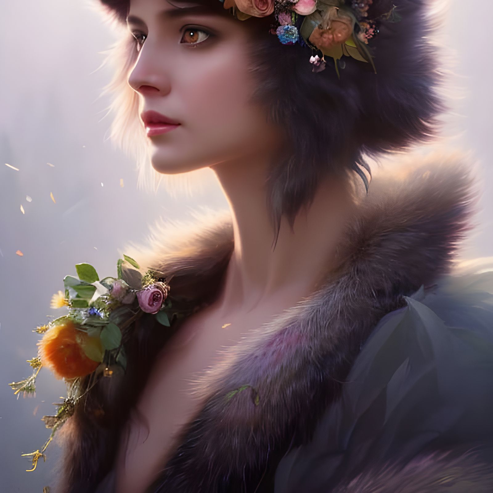 Raccoon Portrait with Flower Crown in Art Nouveau Style