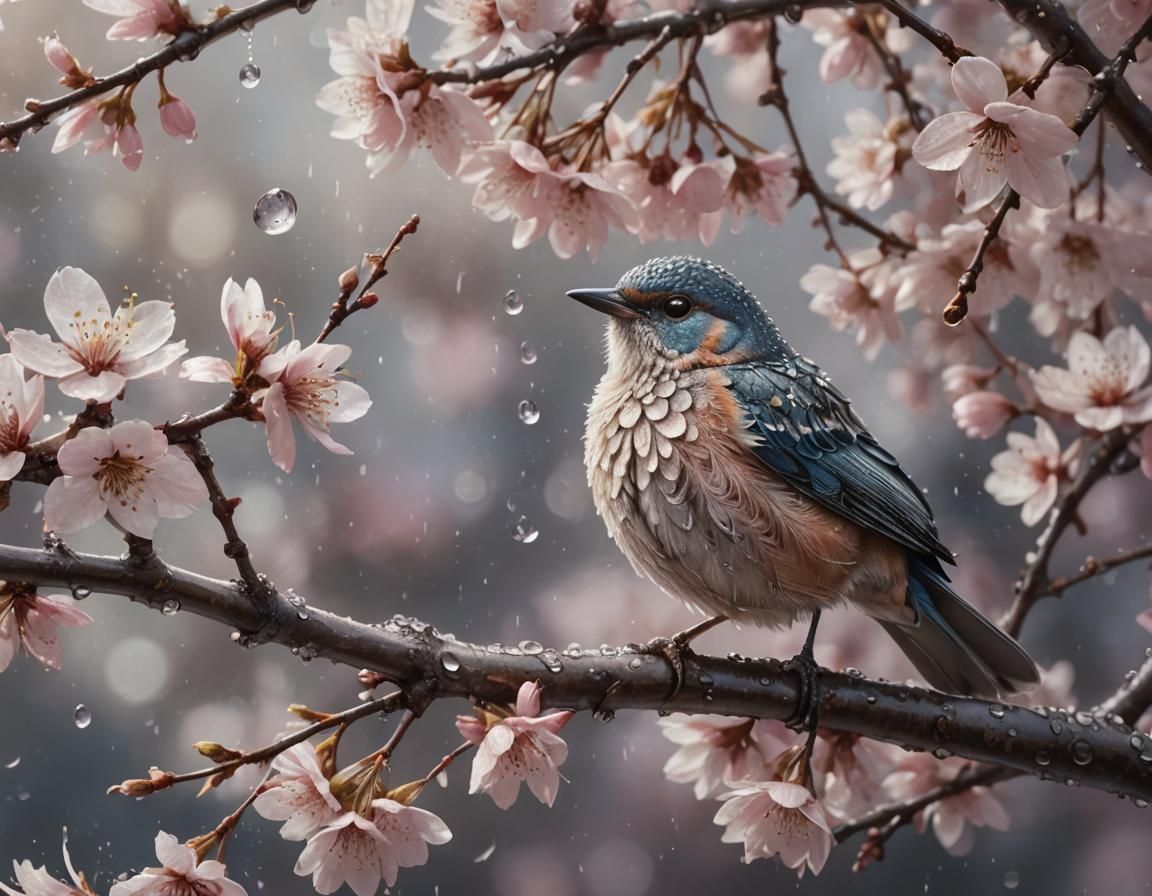 Dew-Kissed Bird on Cherry Blossoms: Elegant Fantasy