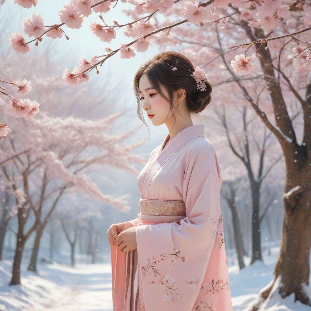 Woman in Winter Dress with Cherry Blossoms and Snow
