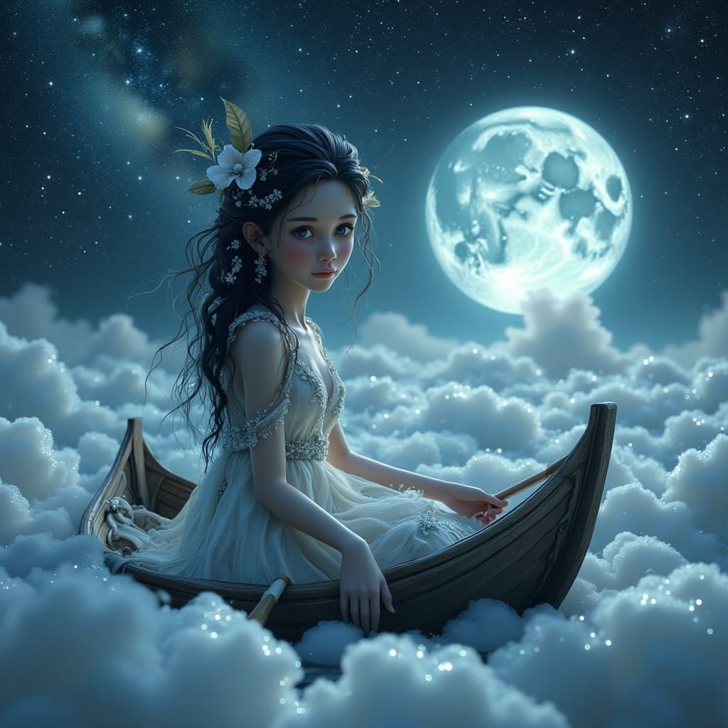 Ethereal Goddess Sails Across Celestial Sea in the Moonlight
