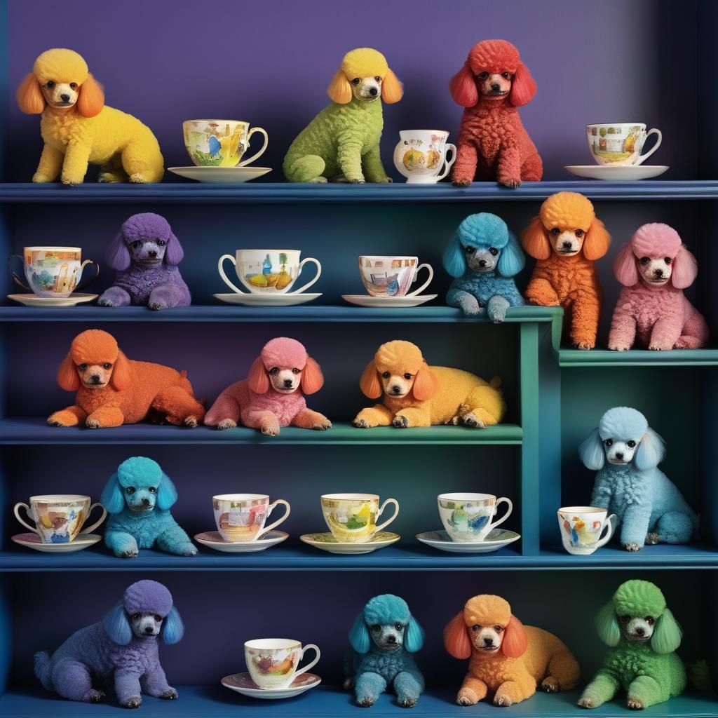 Rainbow Teacup Poodles on Bookshelf