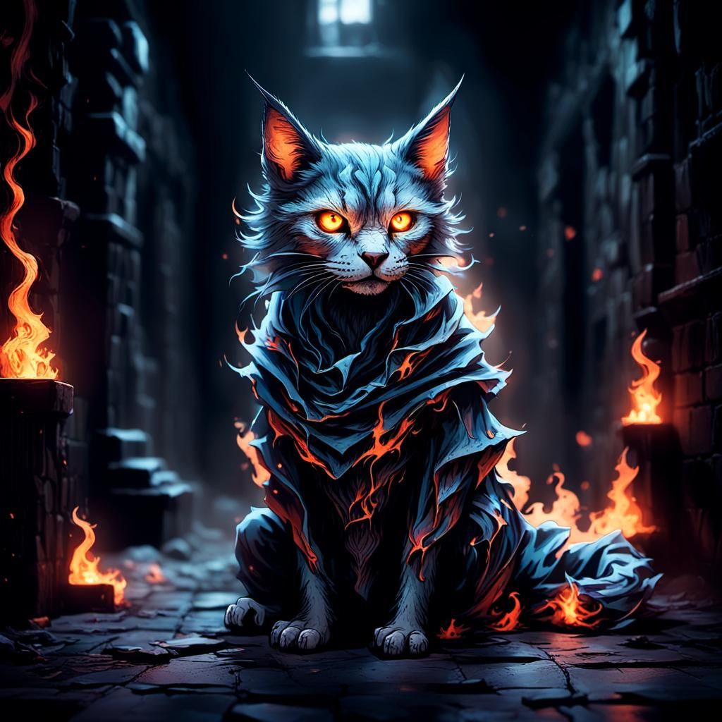 Dark Fantasy Figure in Ruined Castle Hallway