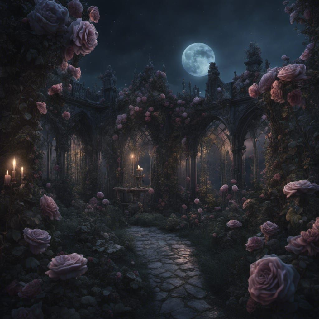 Gothic Garden of Black Roses in Moonlight