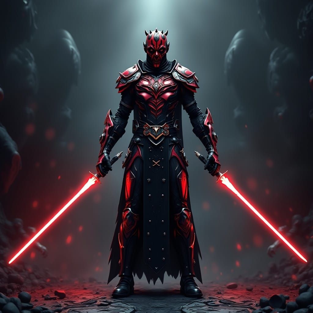 Surreal Cyberpunk Sith Lord in Dark Steel Armor