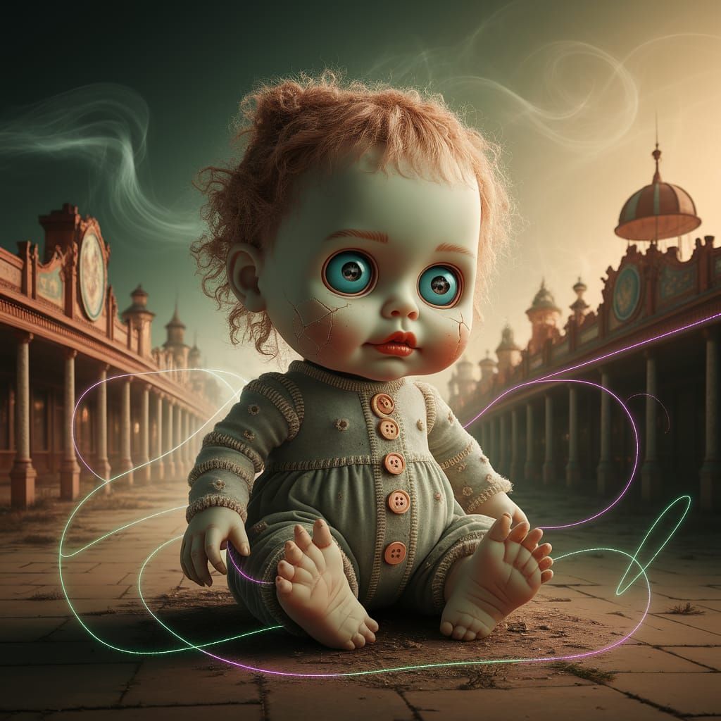 Creepy Chimeric Doll in Surreal Pastel Fog