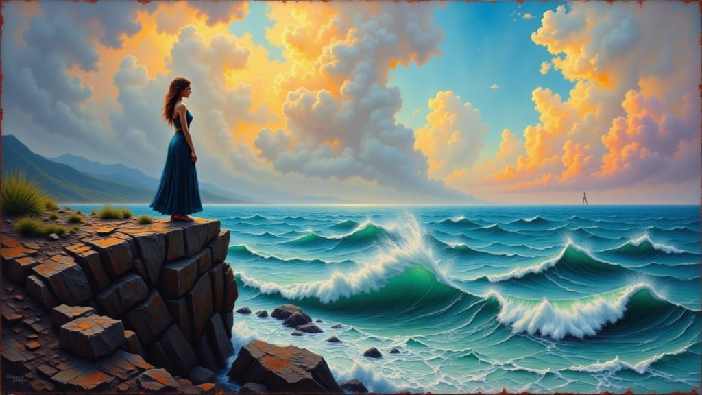 Woman Gazing at Ocean in Dreamy Ethereal Style