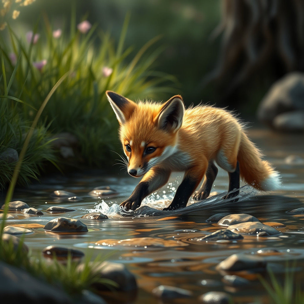 Baby Fox Playing in Stream: Matte Painting