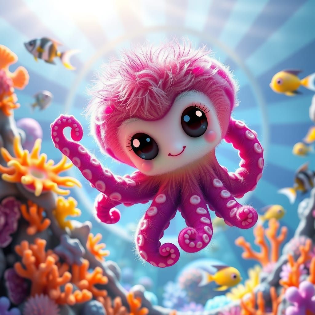 Cute Kawaii Baby Octopus in Vibrant Oceanic Scene